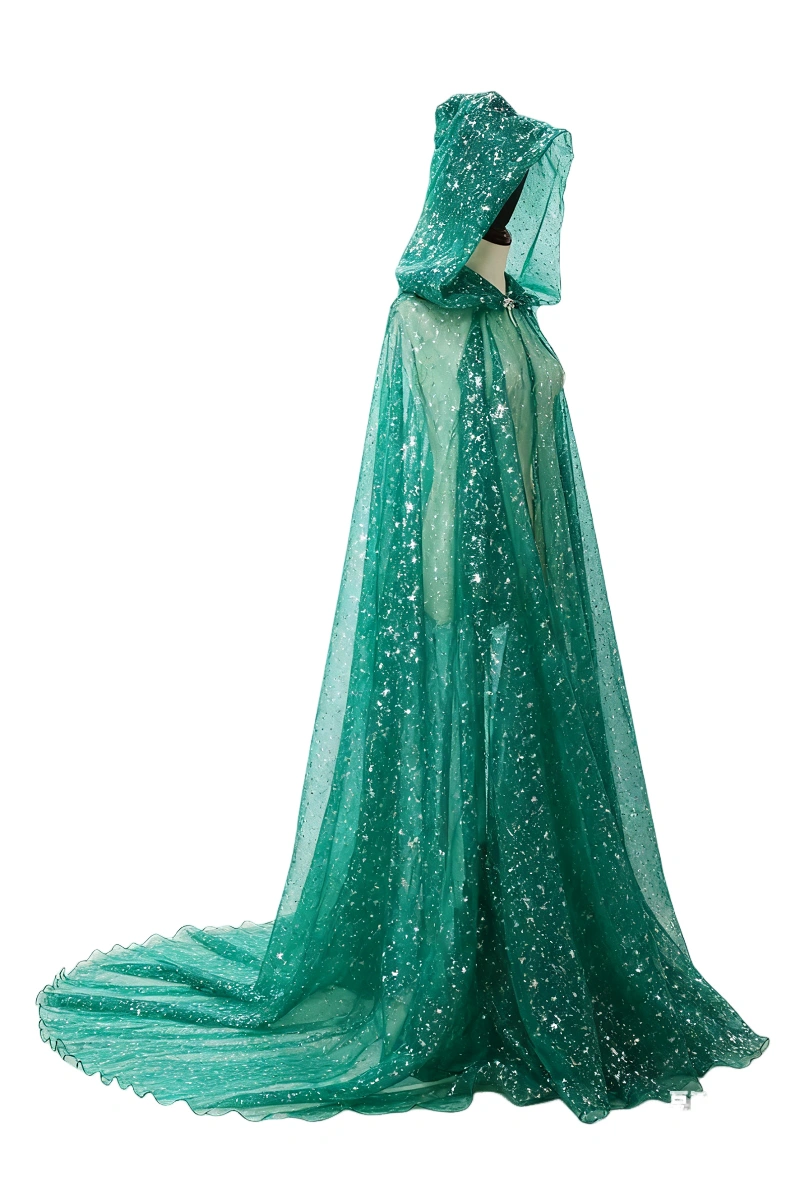 Side profile of an emerald green Sequin Hooded Cloak with glitter mesh, long train, and structured hood