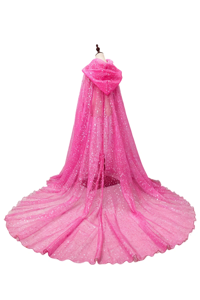 Sequin Hooded Cloak Long Train in Pink Glitter Mesh