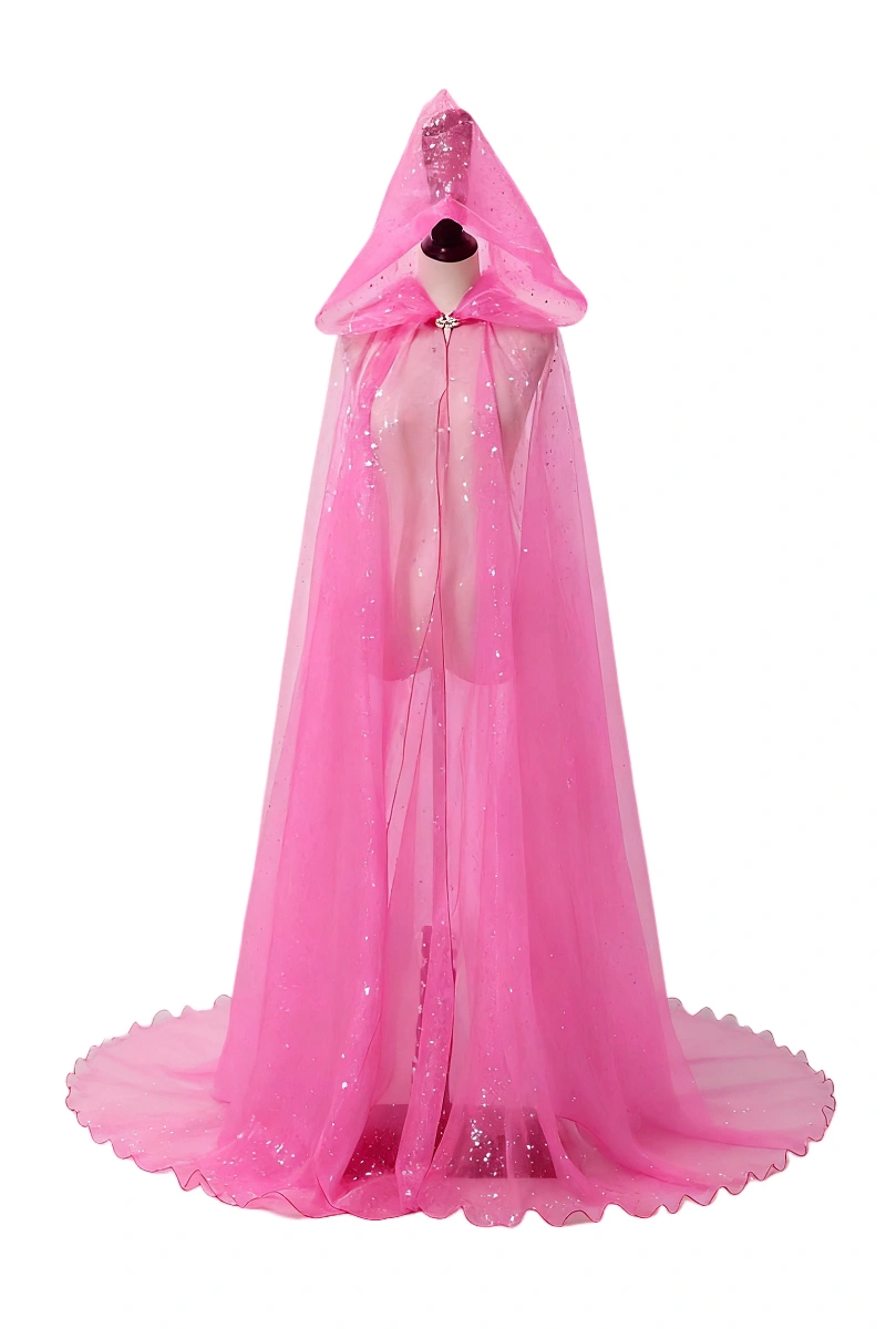 Front view of a pink Sequin Hooded Cloak in sheer glitter mesh, floor-length with hood and scalloped hem