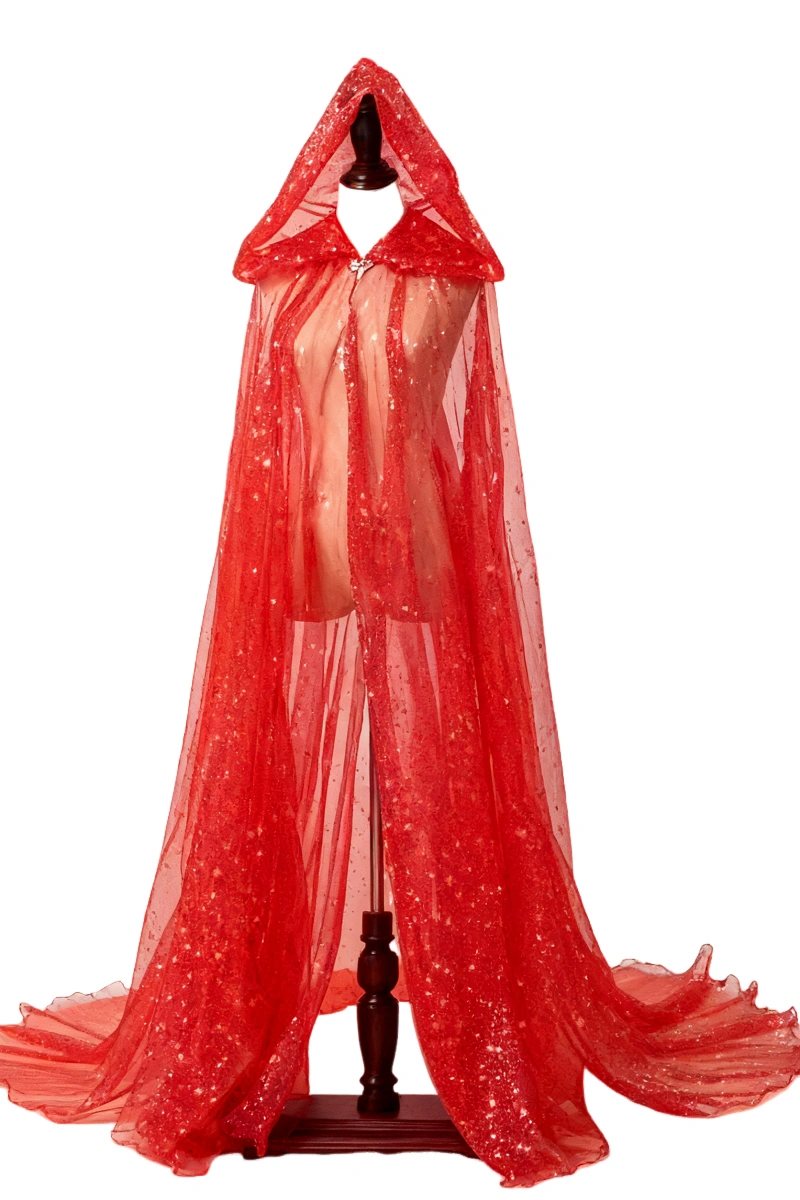 Front view of a red Sequin Hooded Cloak on a mannequin, sheer glitter mesh with hood and floor-length drape