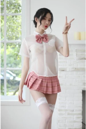 Sexy wholesale JK sheer lingerie set with transparent blouse, pink plaid skirt, and matching bow tie.