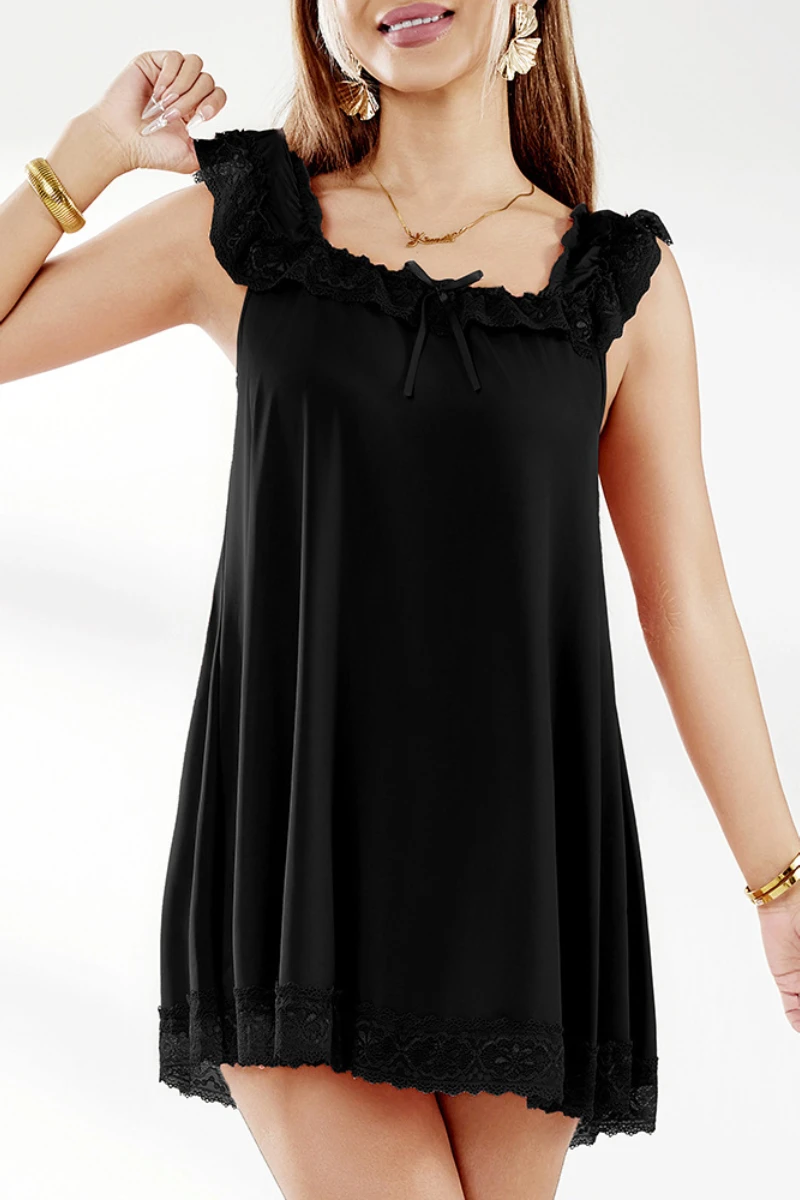 Black lace pajama sleepwear with lace neckline and hem, ideal for b2b lace pajama sleepwear bulk supply