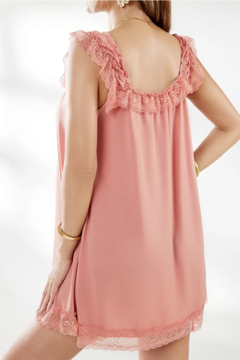 Back view of pink lace pajama sleepwear with flowing fabric and lace shoulder detail for b2b lace pajama sleepwear supply