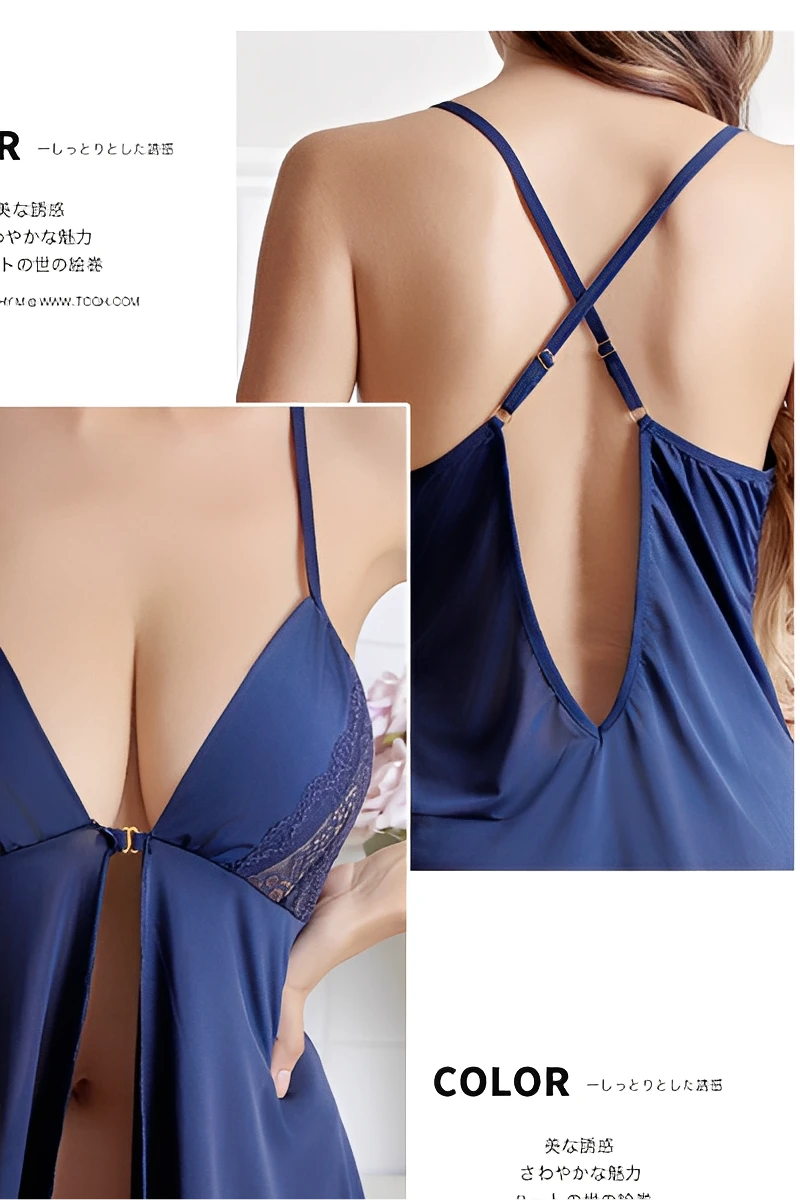 Back view of blue wholesale cotton and Lace Pajamas showing cross straps, lace edging, and soft open-back draping.