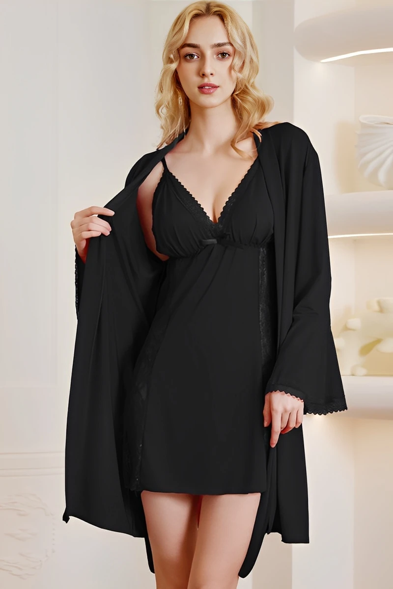 Black Sexy Bridal Nightgown featuring a lace V-neck, sheer lace side panel, and flowing robe.