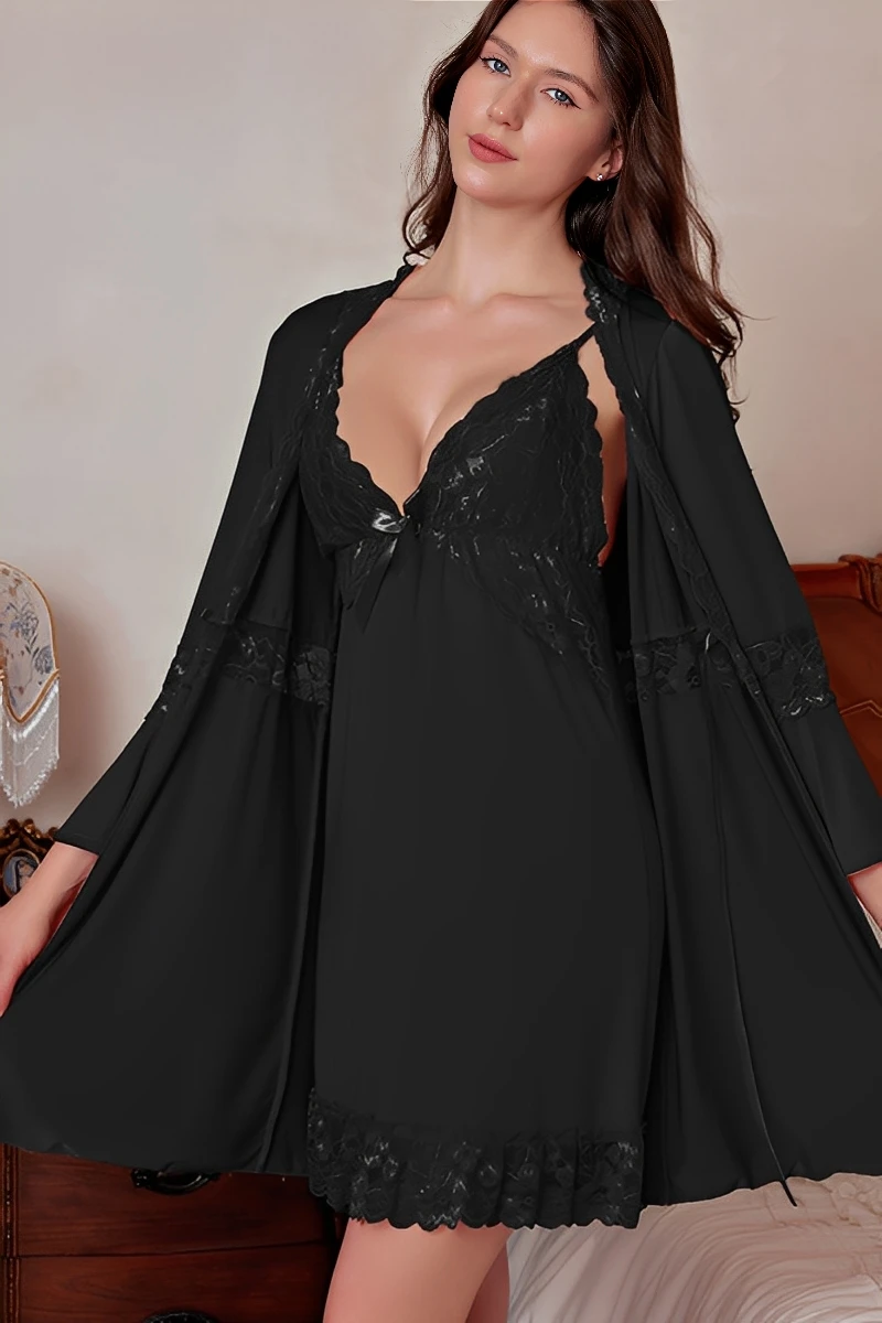 Black Sexy Nightgown for Honeymoon featuring a deep lace V-neckline, satin body, and flowing robe for a sensual and elegant bridal night look.
