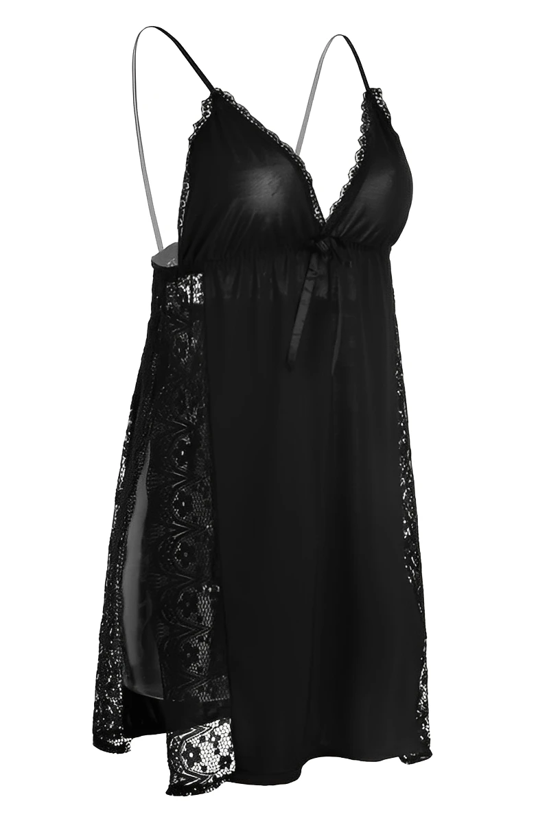 Black wholesale satin and Lace Pajamas showcasing smooth satin fabric and floral lace side panels.