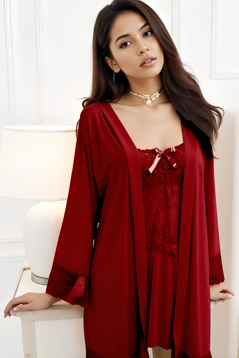 Burgundy wholesale Sexy Nightgown with Robe featuring lace accents and a luxurious satin-look finish.