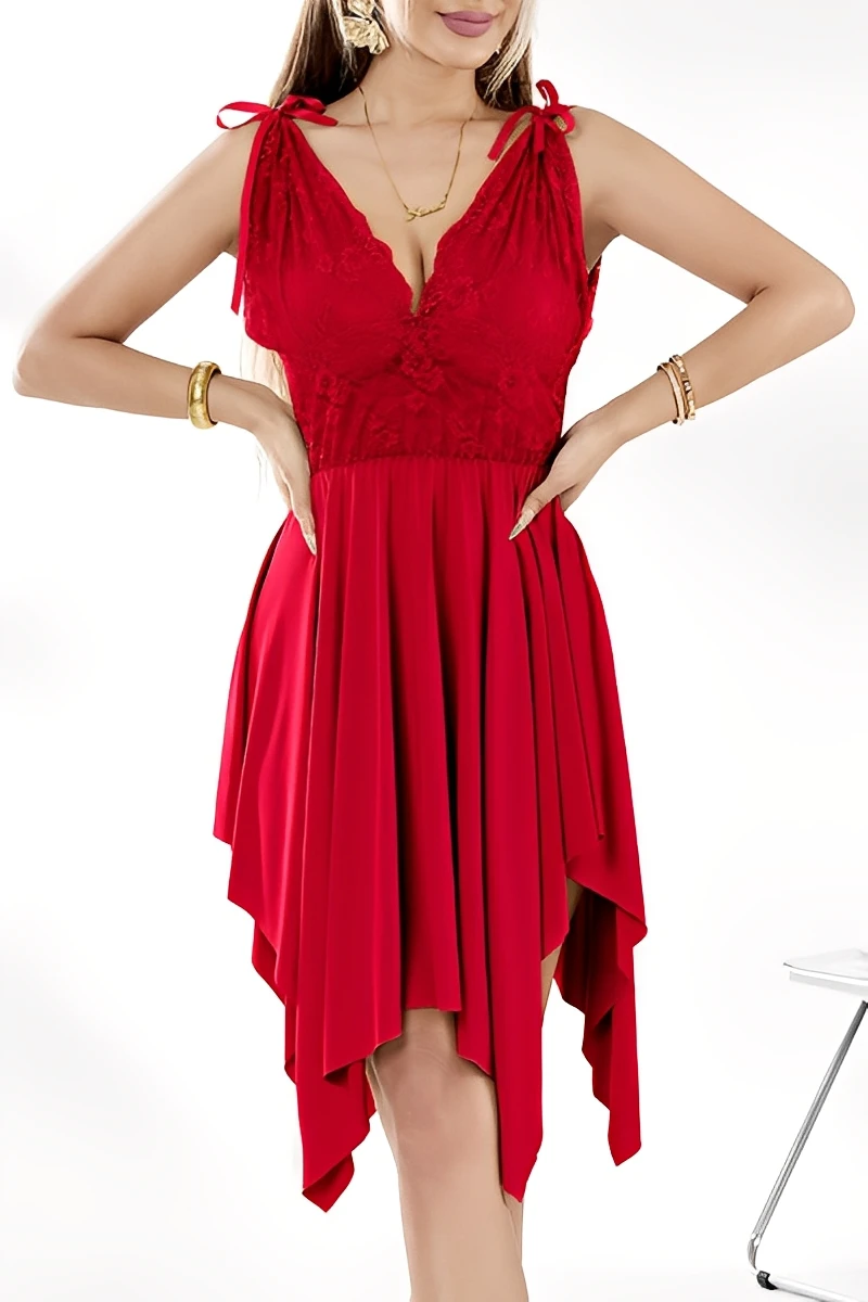 Model showcasing burgundy wholesale long Lace Pajamas with a deep V lace neckline and draped skirt.