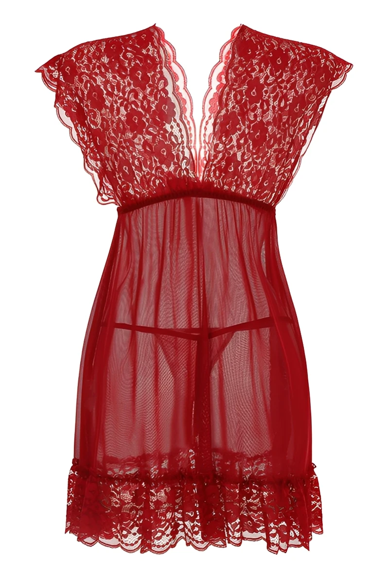 Burgundy wholesale silk and Lace Pajamas featuring deep red sheer lace bodice, elastic waist, and lace hem.