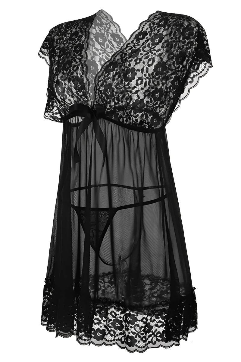 Black wholesale silk and Lace Pajamas showcasing deep V lace neckline, sheer lace skirt, and matching lace hem.