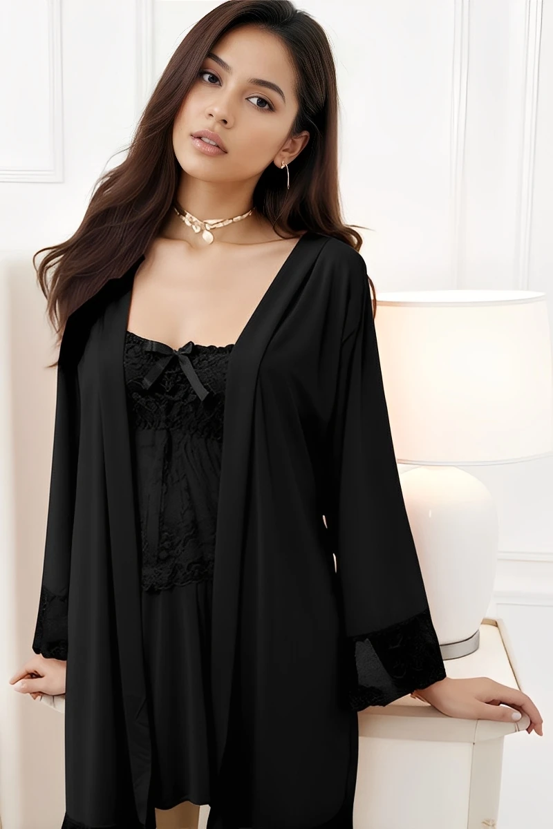 Model in a black wholesale Sexy Nightgown with Robe featuring intricate lace on the neckline and cuffs.