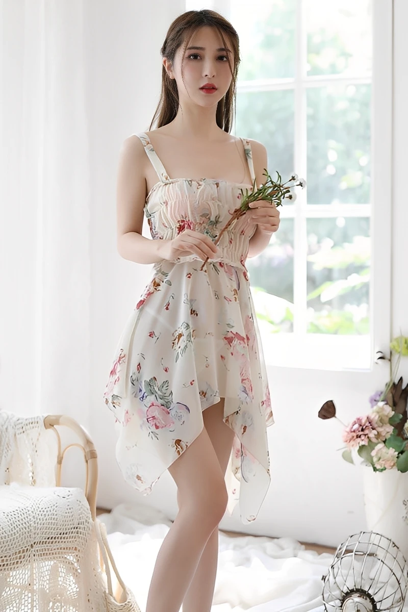 Model wearing an elegant floral sheer nightdress in white with lace details, designed for wholesale white Lace Pajamas collections.
