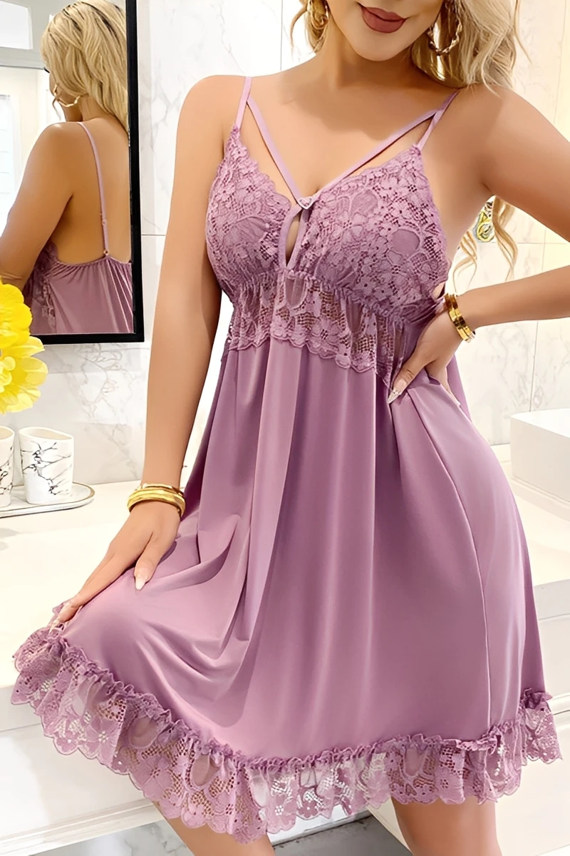 Model wearing purple wholesale lace satin Pajamas featuring a satin body, floral lace top, slim straps and ruffled lace hem.