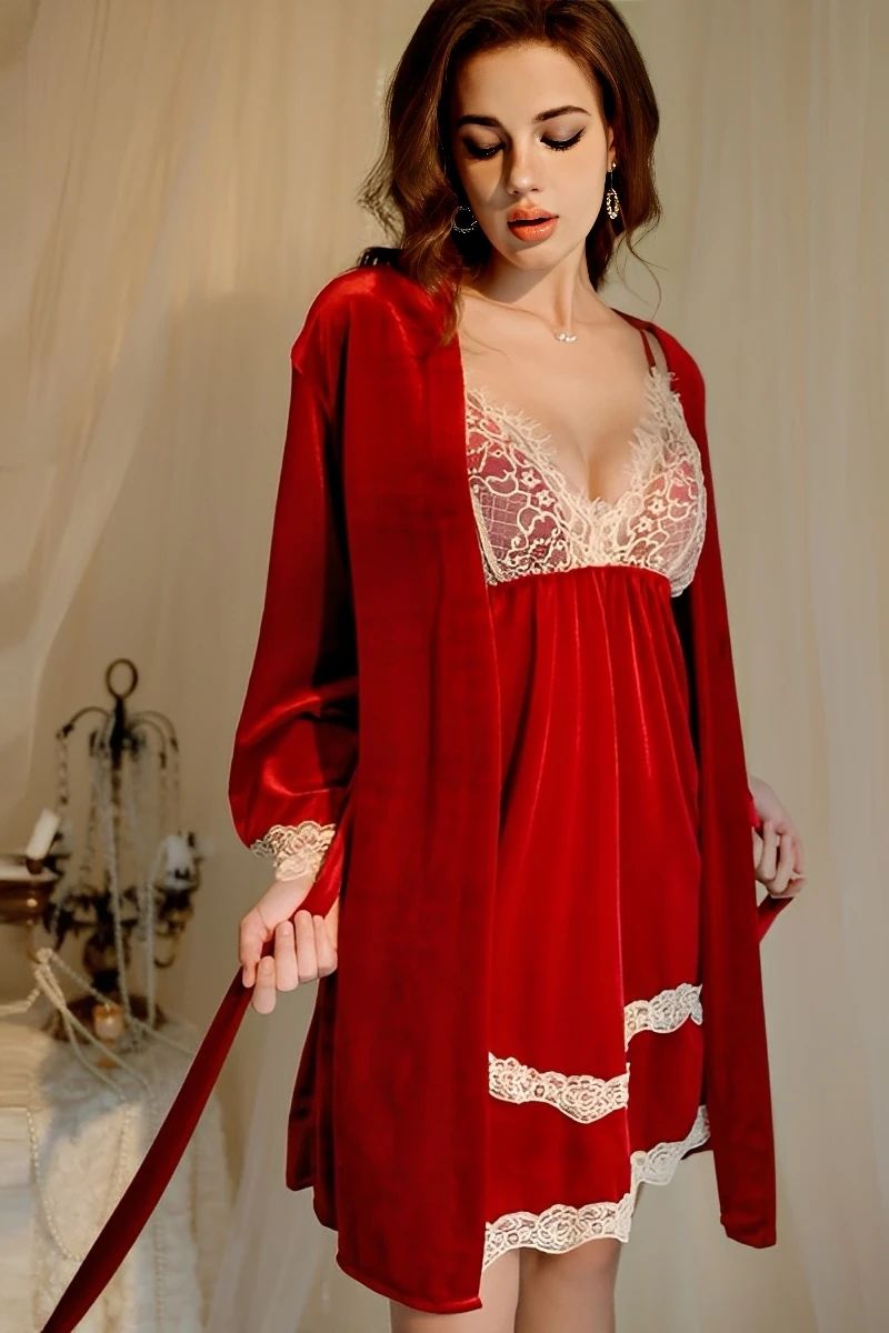 Model wearing a red Sexy Nightgown with Slit paired with a matching robe and cream lace accents.