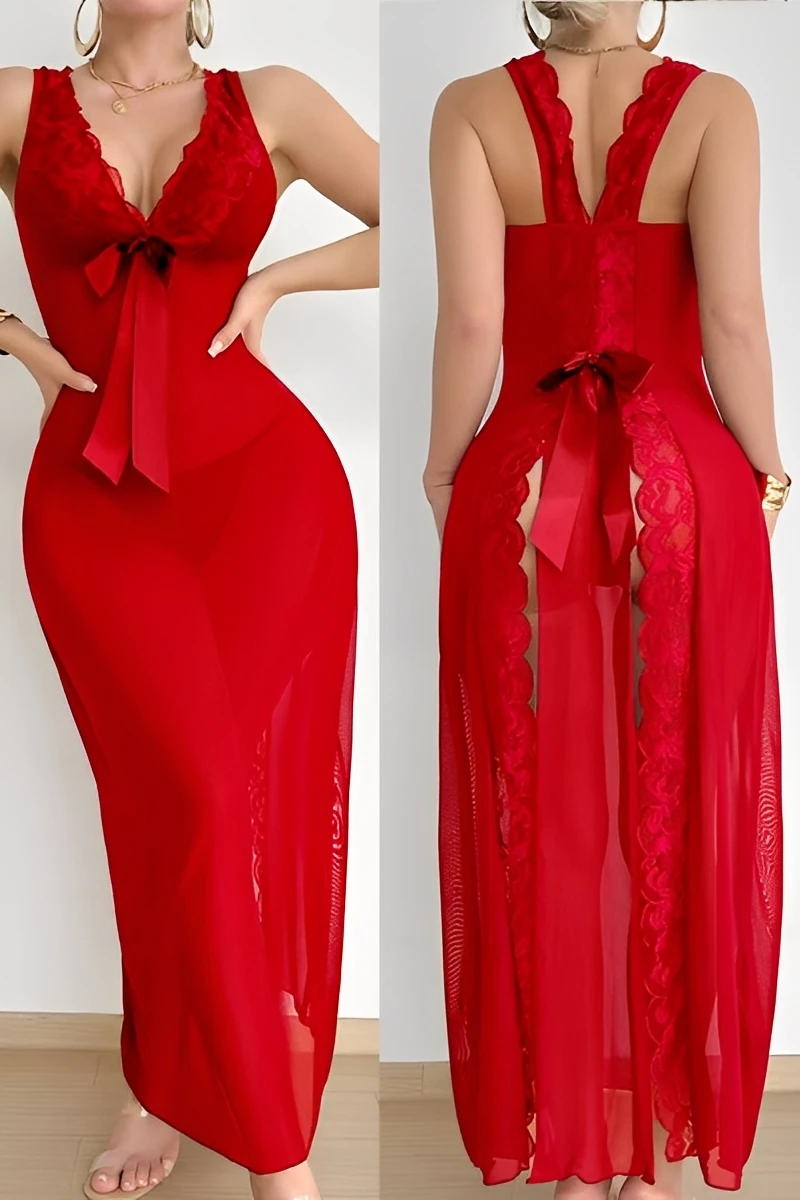 Red sheer maxi b2b lace pajama nightwear with lace trim, ribbon accent, fitted silhouette, and open back design