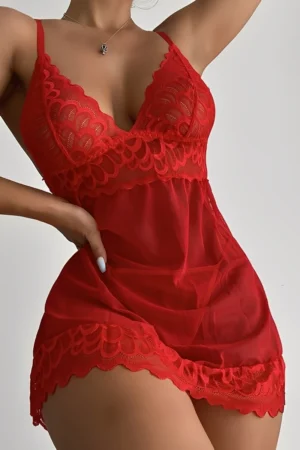 Model wearing a red sheer lace nightdress featuring floral lace cups and hem, designed for wholesale Pajamas lace collections.