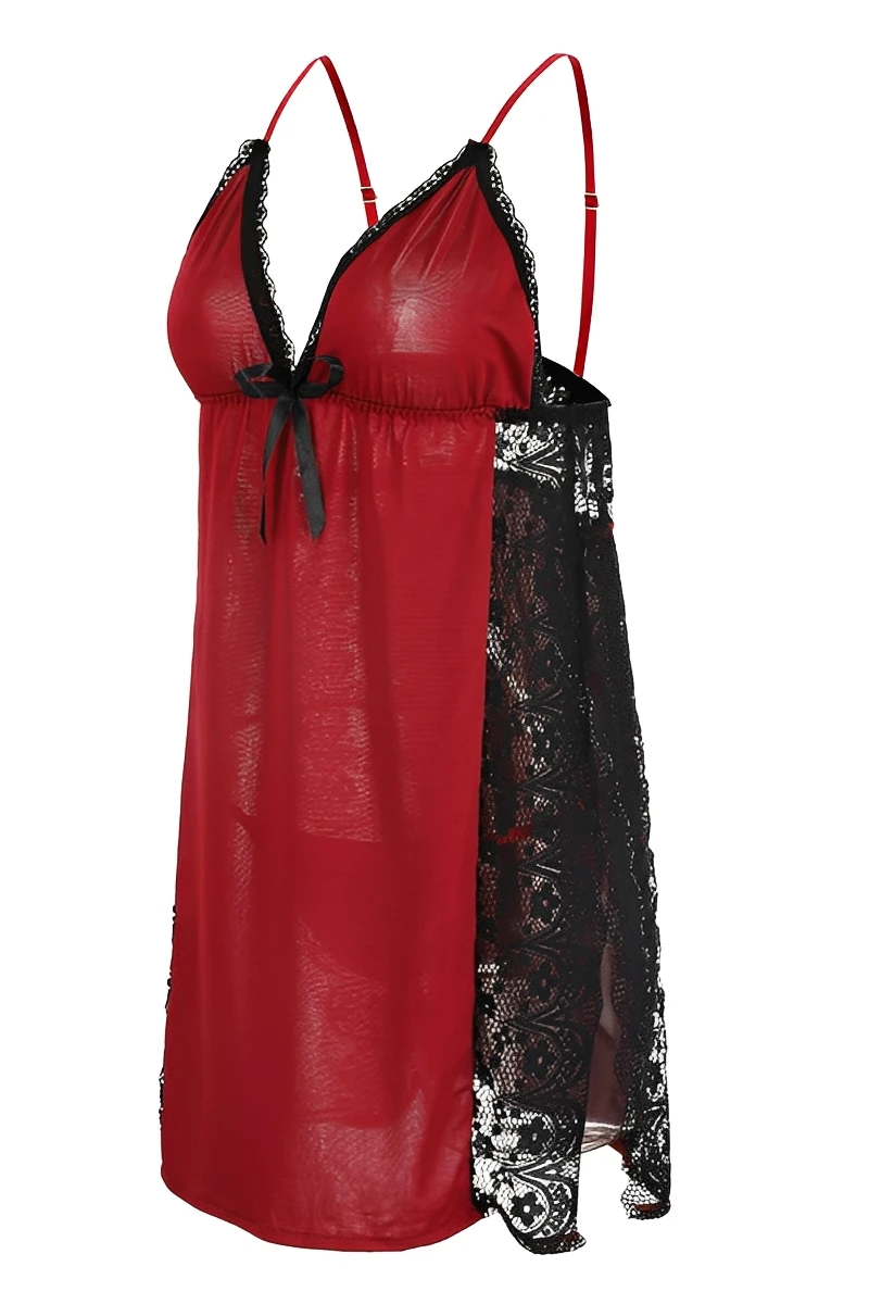 Red wholesale satin and Lace Pajamas with black lace panels and adjustable straps.