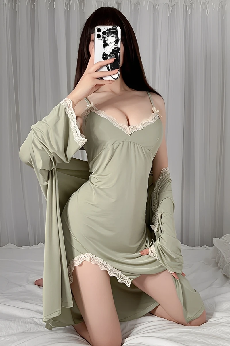 Model wearing a pastel green Sexy Nightgown Dress featuring soft lace trim and a flowing robe.
