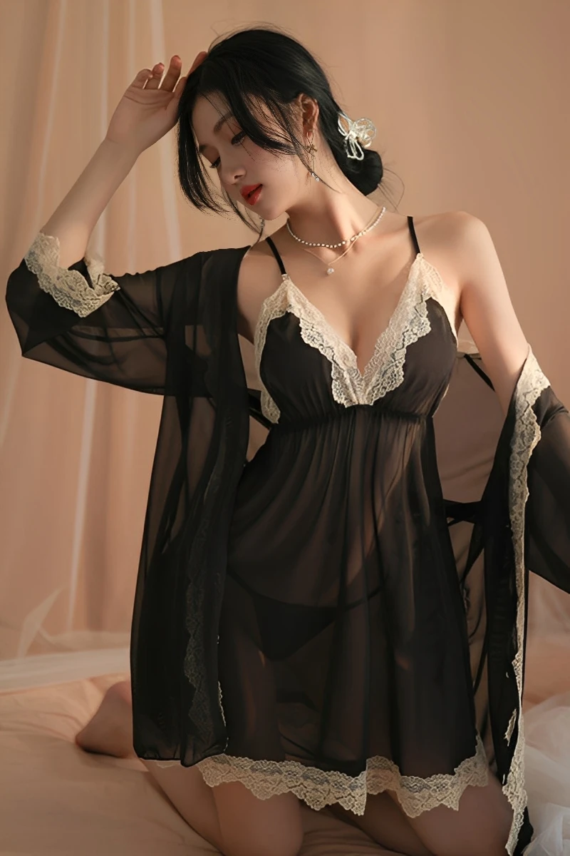 Model wearing a black Sexy Nightgown Plus Size set featuring sheer mesh fabric and cream lace trim.