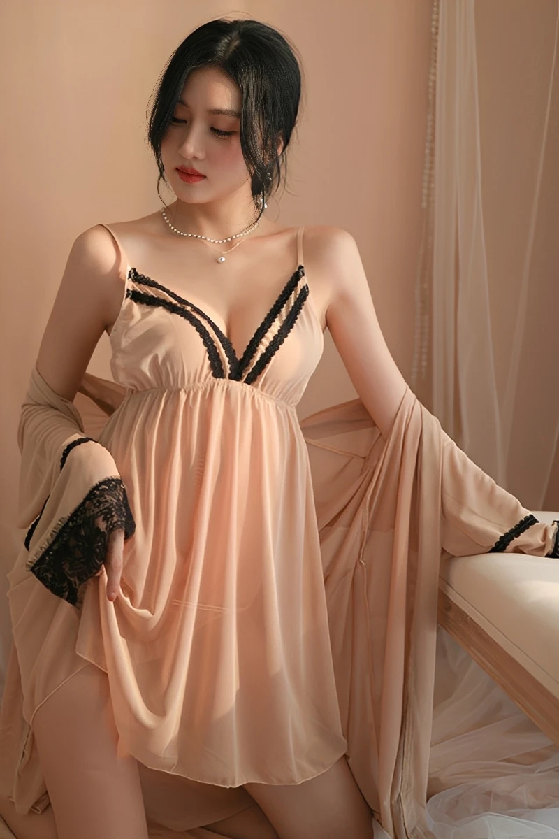 Model wearing a nude Sexy Nightgown with Robe featuring sheer fabric and black lace contrast details.