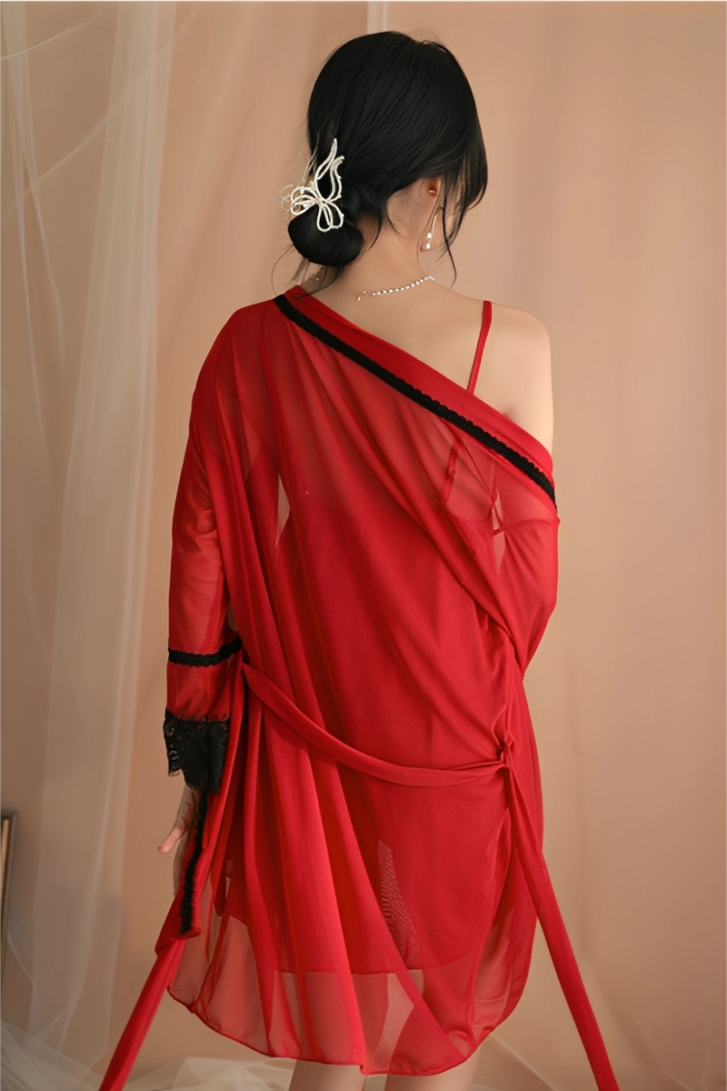 Back view of a red Sexy Nightgown with Robe showcasing sheer draping and lace-accented sleeves.