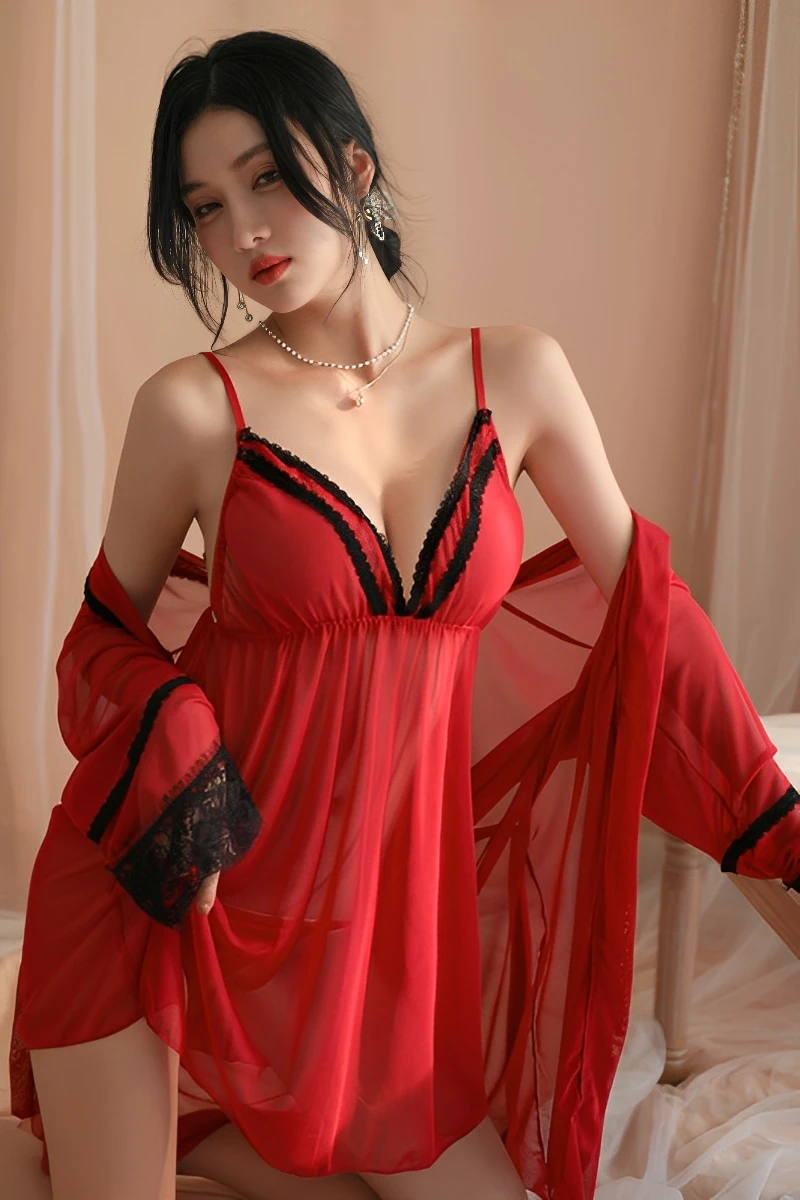Model wearing a red Sexy Nightgown with Robe featuring sheer fabric and black lace trim details.