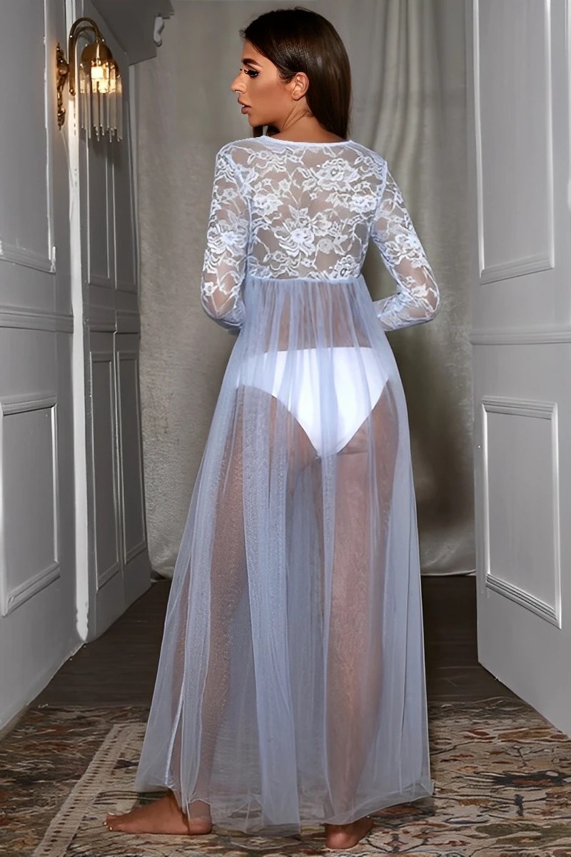 Back view of a blue Transparent Sexy Nightgown showing floral lace detailing and translucent long skirt.