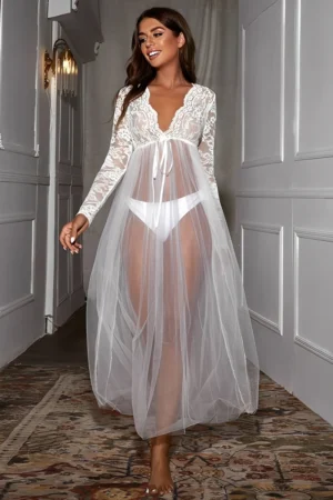 Model wearing a white Transparent Sexy Nightgown featuring sheer tulle and floral lace long sleeves.