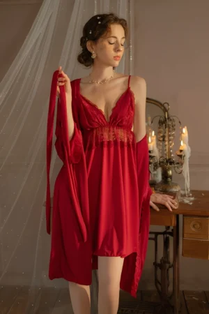 Model wearing a wholesale Sexy Bridal Nightgown in burgundy red with lace V-neck and matching robe