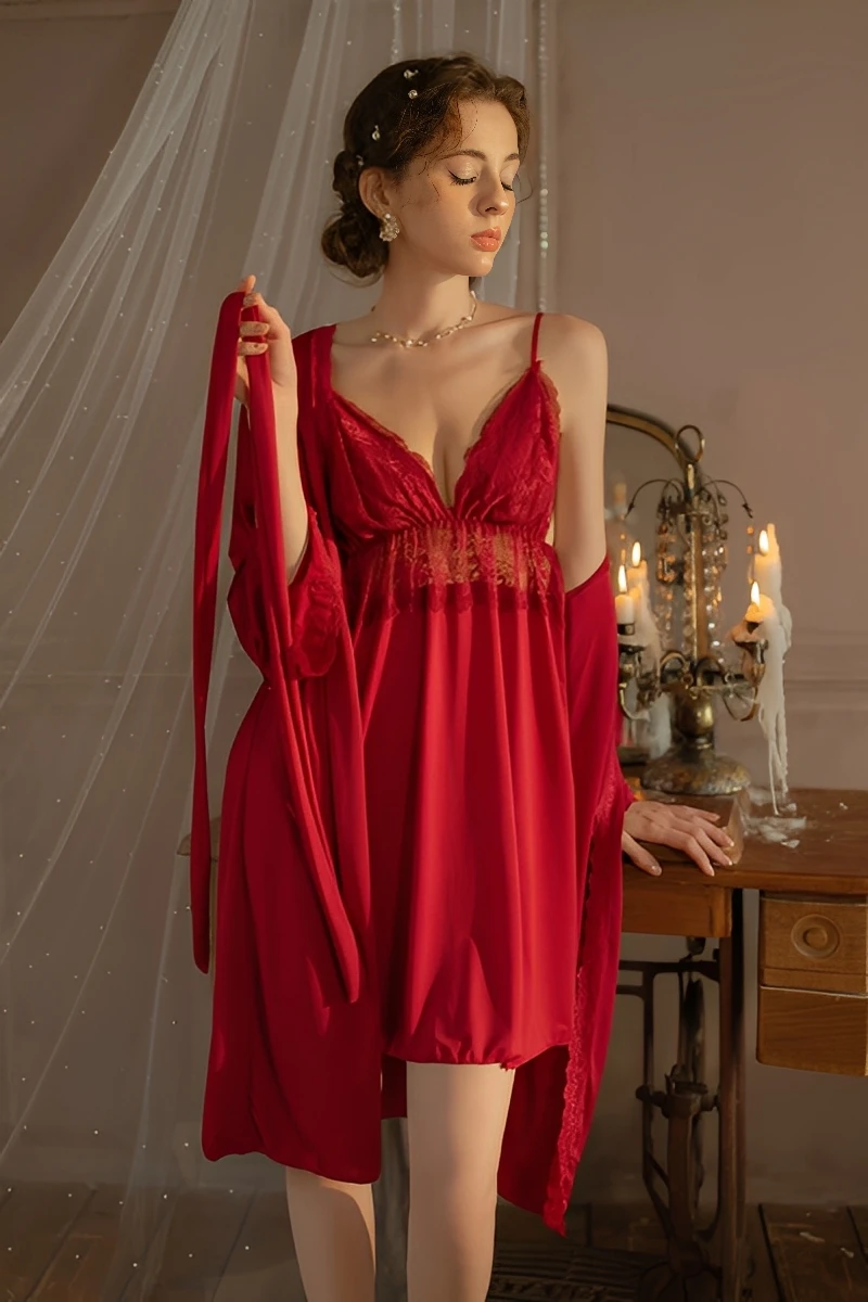 Model wearing a wholesale Sexy Bridal Nightgown in burgundy red with lace V-neck and matching robe