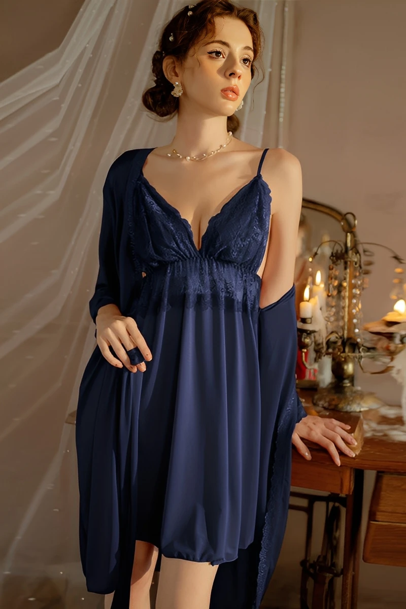 Model wearing blue wholesale Sexy Bridal Nightgown with lace V-neck and matching robe