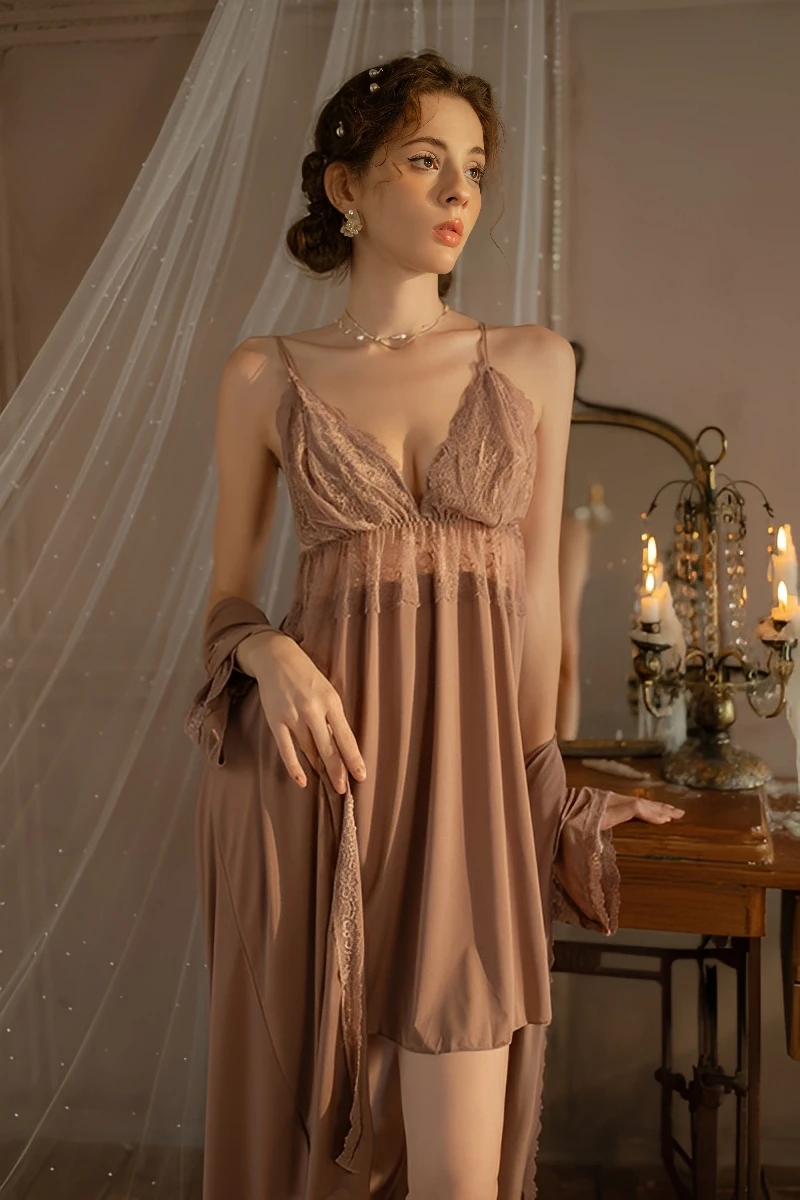 Model wearing nude khaki wholesale Sexy Bridal Nightgown with lace trim and soft flowing fabric