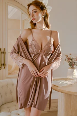 Model wearing a wholesale Sexy Nightgown with Slit in nude khaki featuring lace bodice, side slit, and matching robe