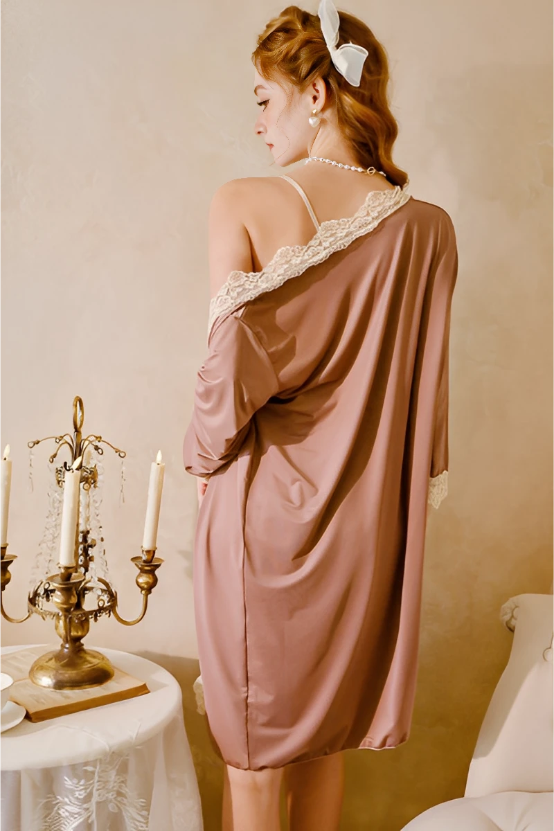 Back view of wholesale Strappy Sexy Nightgown showing thin straps, open back, and matching robe in nude khaki
