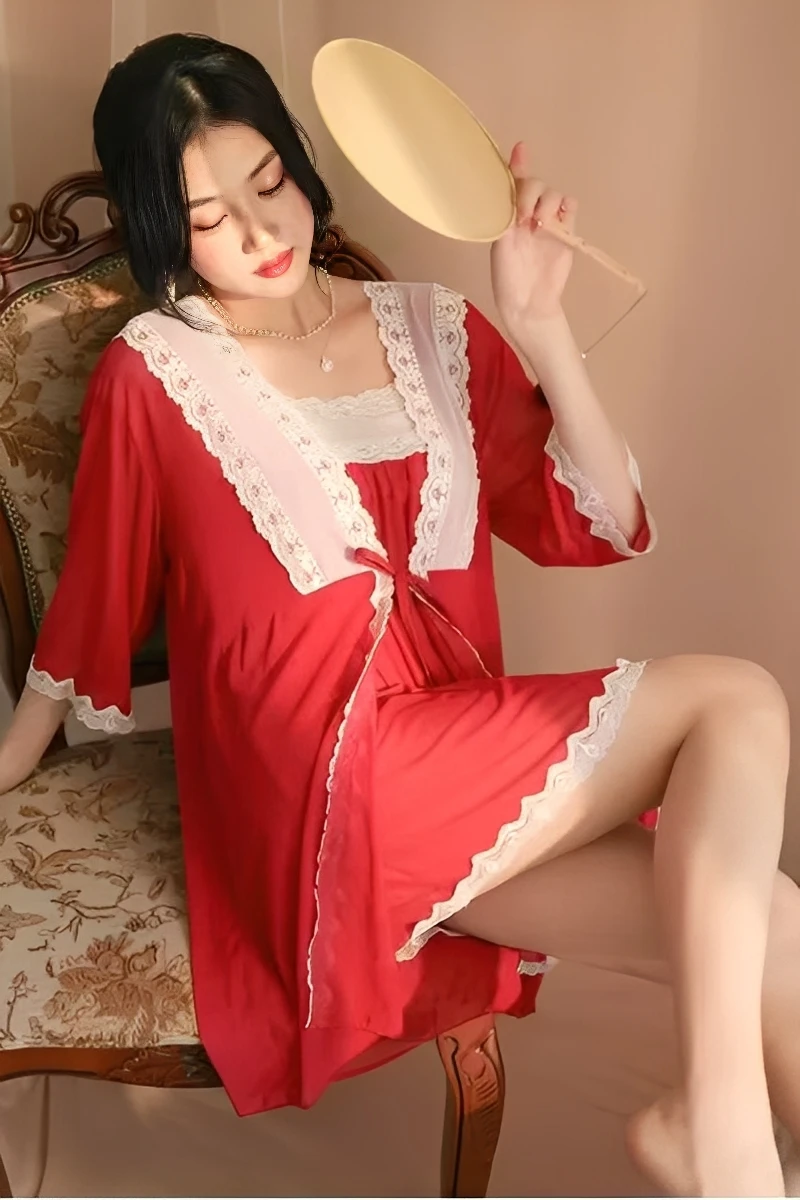 Model wearing a wholesale Transparent Sexy Nightgown in red with sheer fabric, lace neckline, and relaxed fit