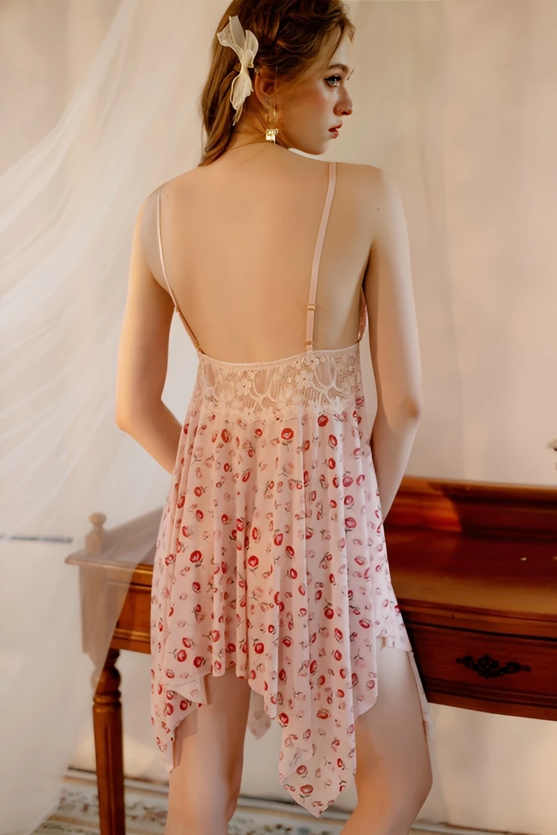 Back view of b2b short lace Pajamas showing adjustable straps, open back design, and lightweight lace-trimmed fabric.