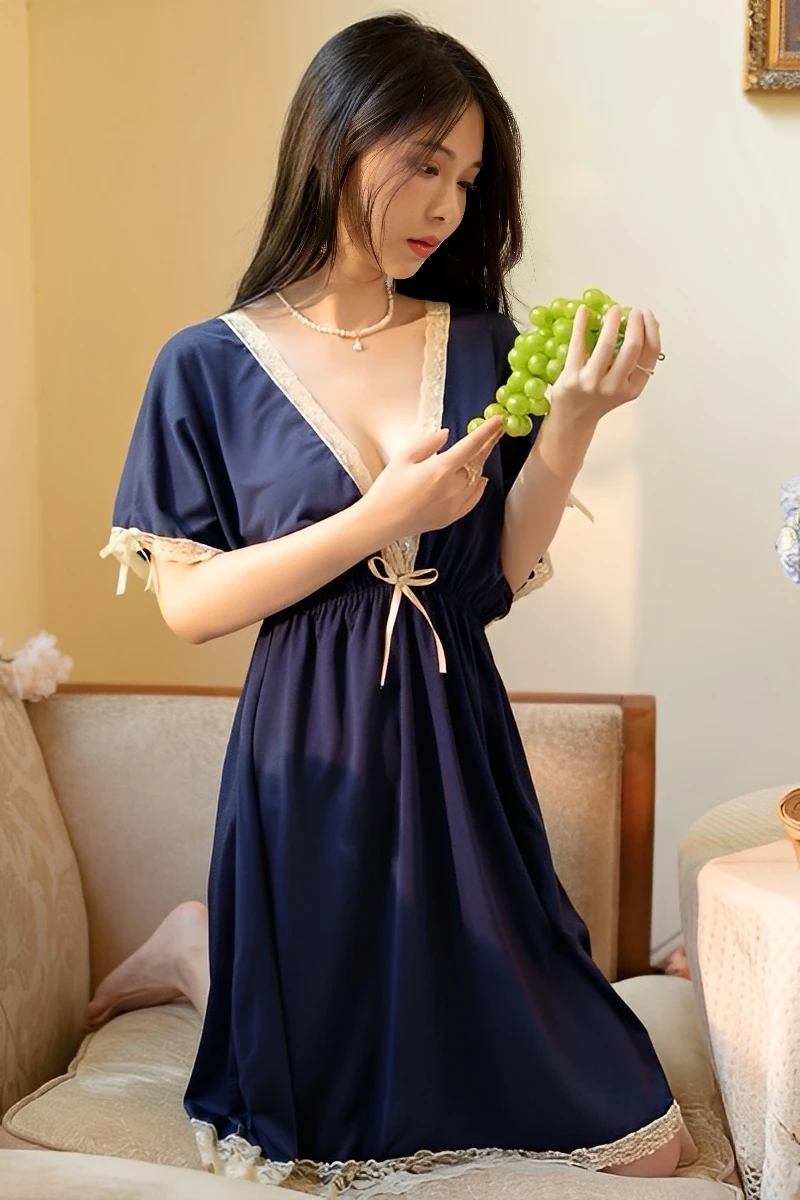 Navy wholesale silk satin lace pajama set with cream lace trim and adjustable waist tie.