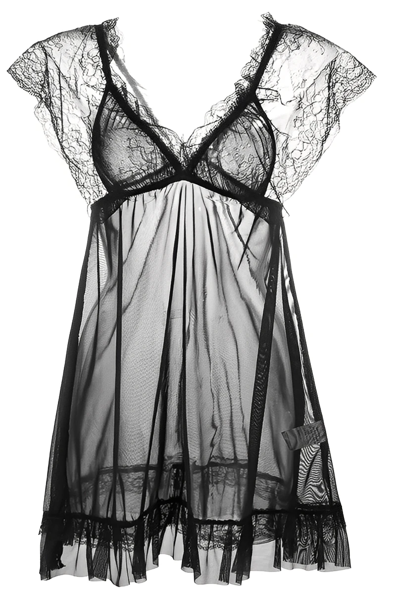 Black sheer lace nightdress designed as wholesale Lace Pajamas for women, featuring floral lace cups and transparent mesh.