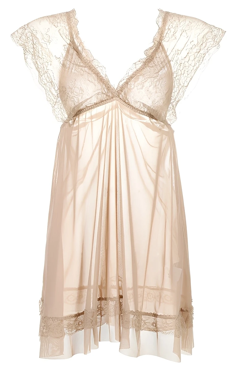 Light beige lace and mesh nightdress presented as wholesale Lace Pajamas for women with delicate floral lace trim.