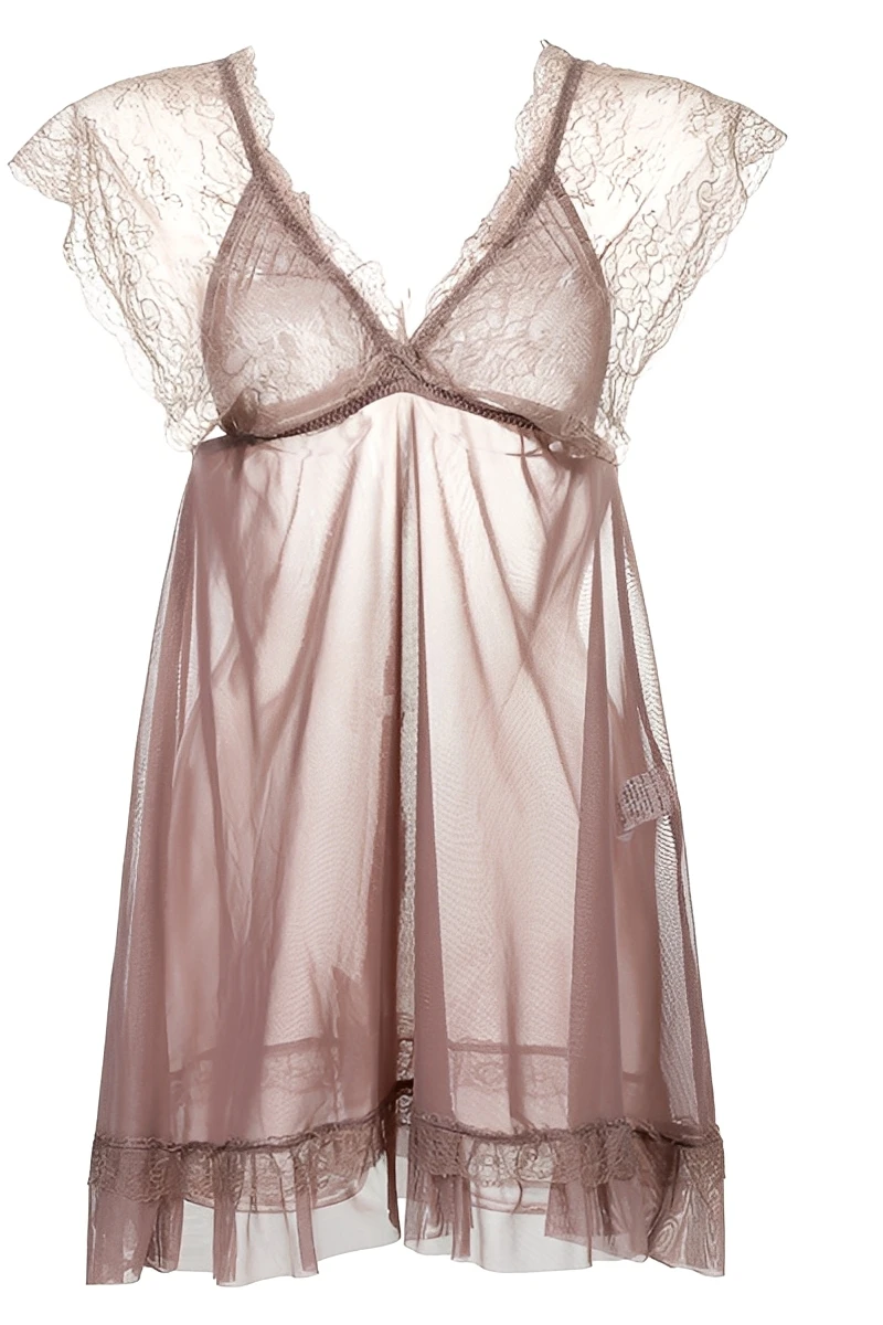 Soft nude tone lace nightdress displayed flat, crafted as wholesale Lace Pajamas for women with sheer mesh and floral lace.