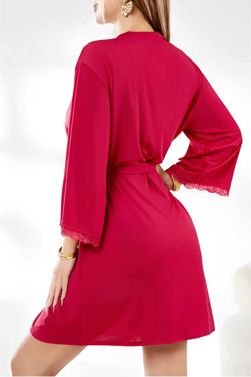 Back view of wholesale Sexy Nightgown Plus Size in red wine with robe and lace sleeve details.