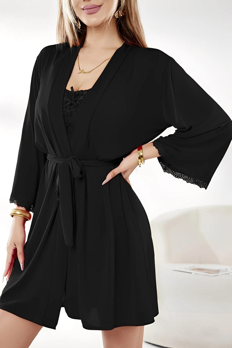 Model wearing a black wholesale Sexy Nightgown Plus Size with lace neckline and coordinating robe.