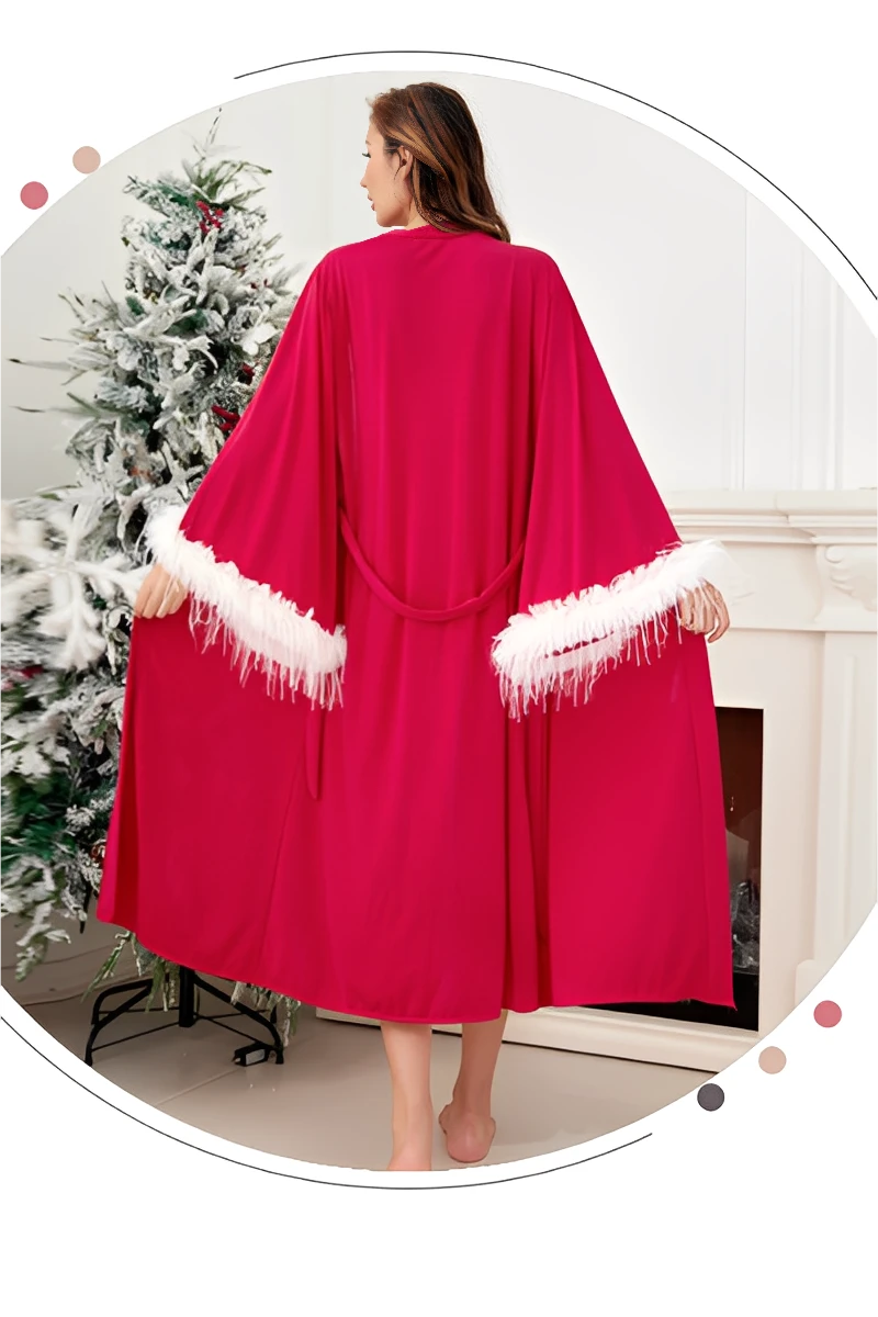 Back view of long burgundy robe with white faux-fur cuffs, designed as a wholesale Sexy Nightgown for Honeymoon.
