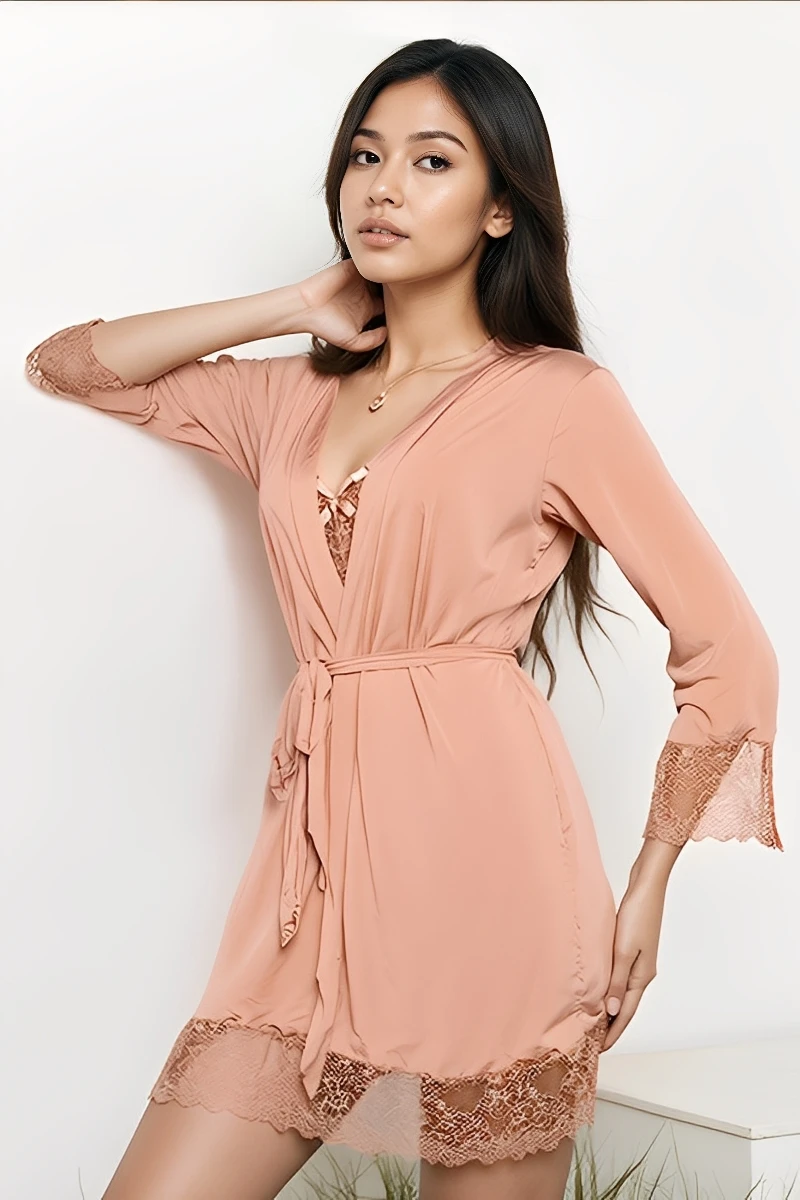 Peach-colored wholesale Sexy Nightgown with Robe featuring lace cuffs and a waist tie for a flattering fit.