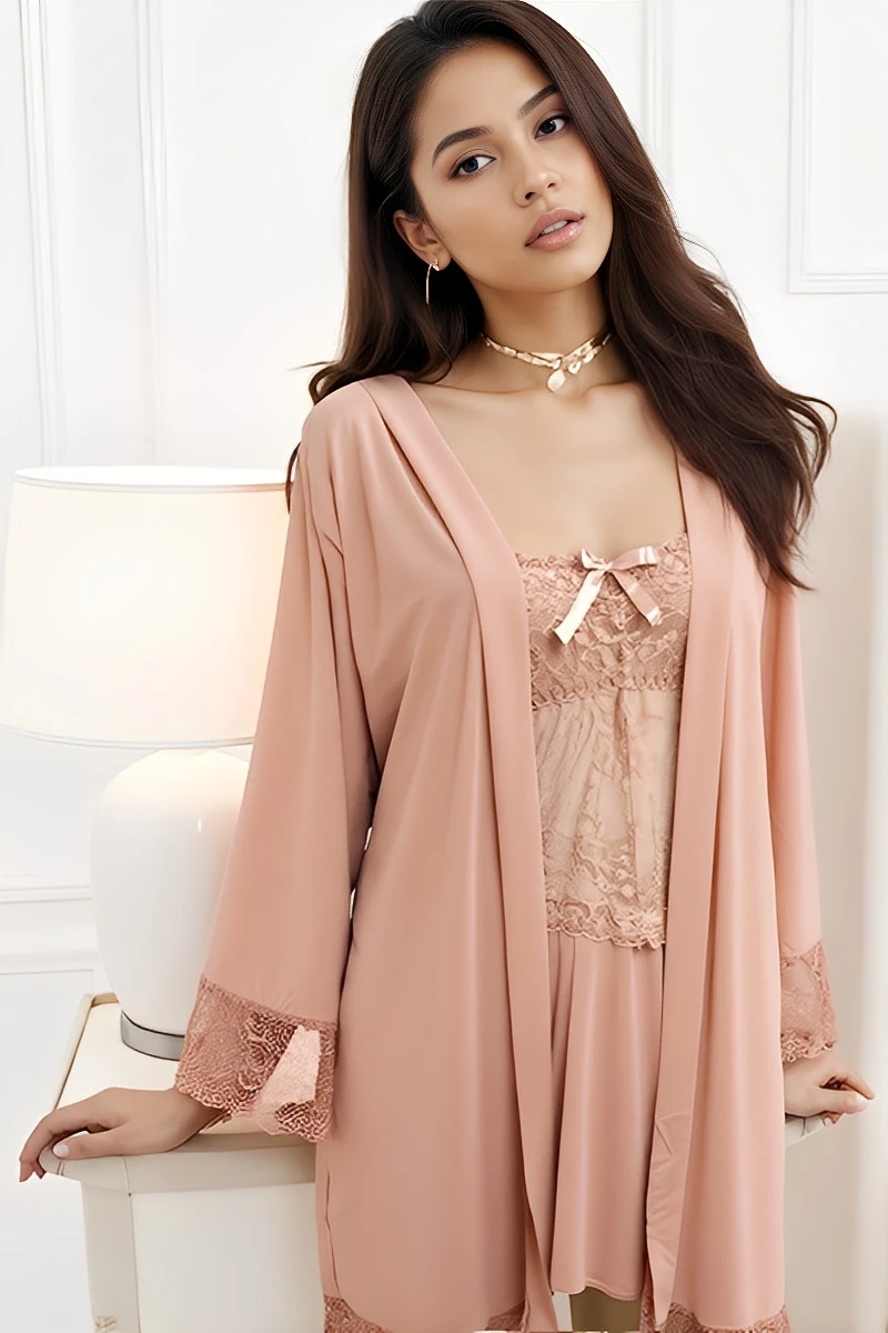 Model wearing a pink wholesale Sexy Nightgown with Robe featuring lace trim and a soft, elegant silhouette.
