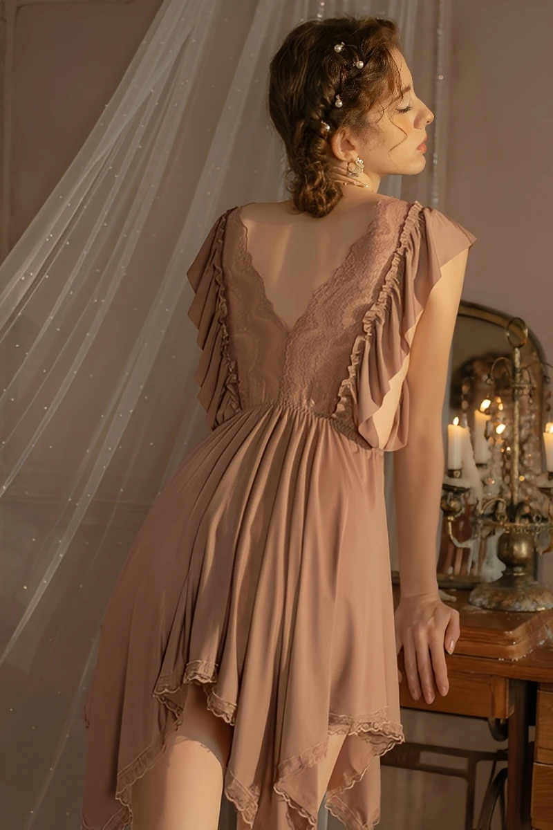 Back view of khaki wholesale cotton Lace Pajamas showing deep V lace back and flowing cotton hem.