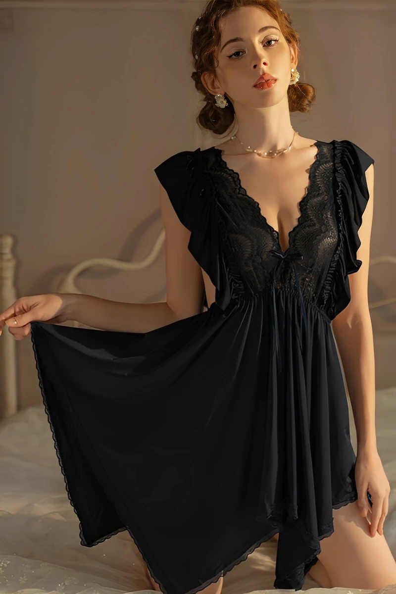 Black wholesale cotton Lace Pajamas featuring a deep V lace neckline and cotton flowing skirt.