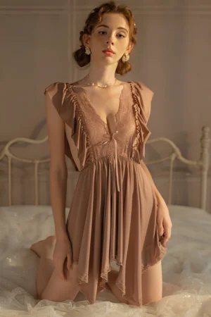 Model wearing khaki wholesale cotton Lace Pajamas featuring soft cotton fabric and delicate ruffle lace details.
