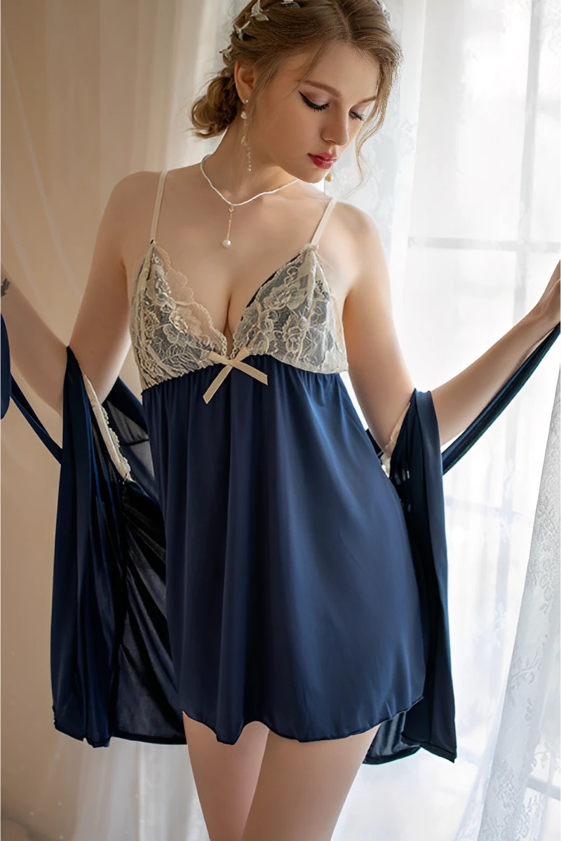 Deep blue b2b Backless Sexy Nightgown featuring lace bust and lightweight fabric for lingerie wholesalers
